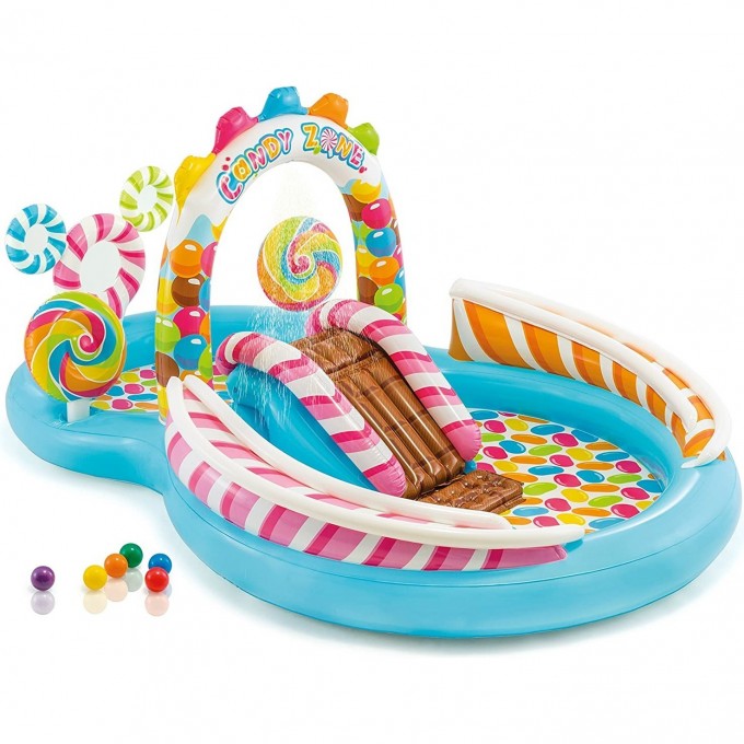 Игровой центр INTEX "ТЕРРИТОРИЯ СЛАДОСТЕЙ" 295*191*130см с разбрызгивателем, горкой и игрушками, до 81кг 57149