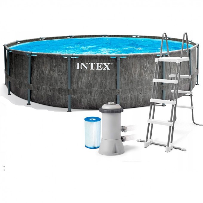 Каркасный бассейн INTEX PRISM FRAME 457х122см "Greywood" 16805л, фил.-насос 3785л\ч, лестница, тент, подст, 26742